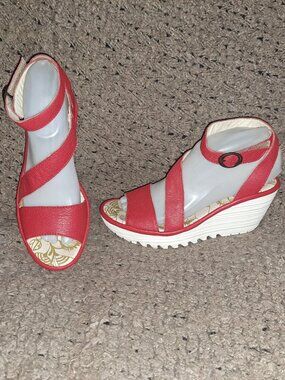 FLY LONDON-Yesk Ankle Wrap Sandals-Red Leather-Platform Wedge-Sz 37-Excellent